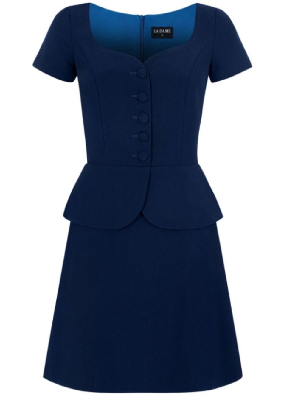 La Dame Navy Mini Peplum Dress with Sweetheart Neckline, Size L